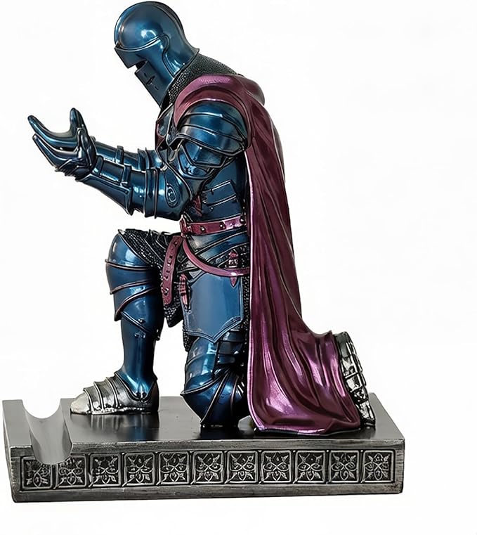 Medieval Armored Warrior Wearing Outerwear, Mobile Phone Stand Knight Pen Holder Desk Organizers, Resin Bookends Paperweight with a Letter Opener for Desk (Blue&Purple)