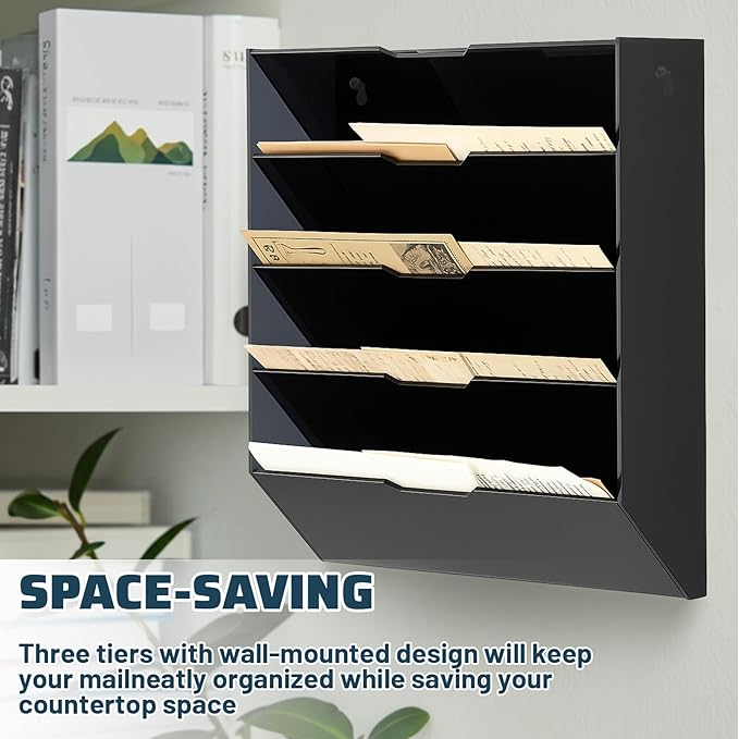 Chunful 5 Tier Mail Sorter Letter Wall Holder Black Acrylic Wall Mounted Mail Organizer Hanging File Envelope Pocket Plastic Mount Document Holder for Home Office Entryway