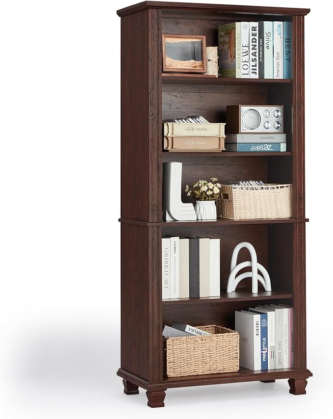 SAVOR LIFE 70" Tall Walnut Bookshelf,5 Tier Wooden Book Shelf with Adjustable Shelves & Wood Legs,Free Standing Farmhouse Bookcase with Open Display Storage,Vintage Bookshelves for Classroom, Office