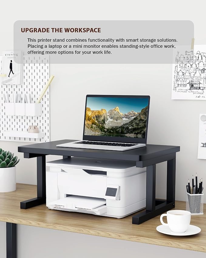 Desktop Printer Stand, 19.7″x 15.7″ 2-Tier Large Printer Shelf fit 3D Laser Printer/Scanner/Fax Machine, Industrial Storage Rack for Home Office Storage, Black P5040-B