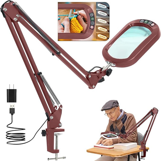 14.35" Large Magnifying Glass with Light and Clamp, Real Glass, 5 Color Modes, Stepless Dimmable, Lighted Magnifier with Stand Hands Free, LED Swing Arm Desk Lamp for Close Work, Craft, Red
