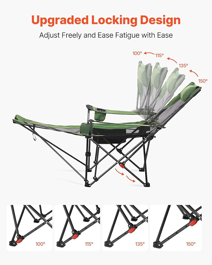 VEVOR 2-in-1 Reclining Camping Chair with Footrest for Adults, 4 Adjustable Positions, Portable Folding Lounger, Lightweight Mesh Beach Chair Supports 220lbs, Heavy Duty Camp Chairs Outdoor, Green