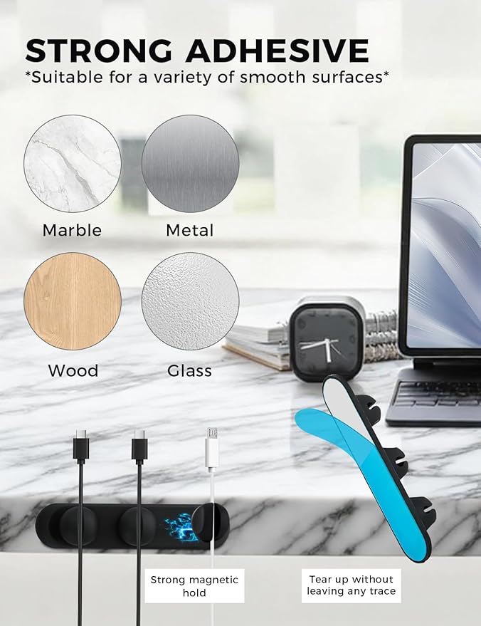 Magnetic Silicone Cable Clips with No-Residue Strong Adhesive – Desk, Under-Desk, Nightstand, Wall, Car, Office & Home Cord Organizer for Cable Management - Black