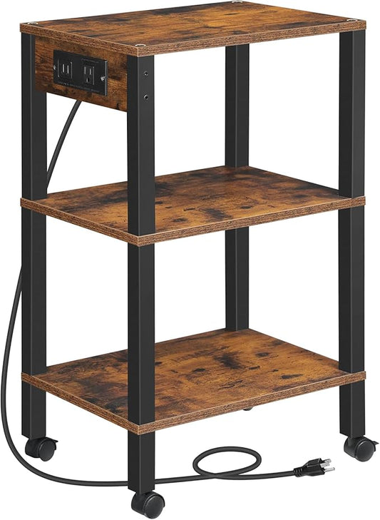 HOOBRO 3-Tier Printer Stand with Charging Station, Under Desk Printer Table, Printer Cart with Storage Shelves, Shelf for Small Spaces, for Home Office, Rustic Brown and Black BF63UPS01