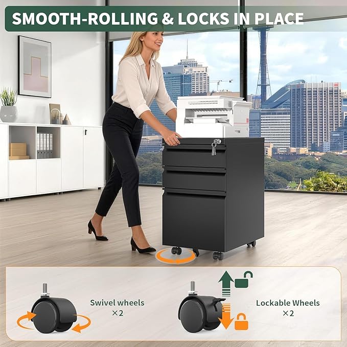 3 Drawer File Cabinet with Lock, Mobile Metal Filing Cabinet for Letter/Legal/A4 Size, Under Desk Rolling Office Storage Cabinet, Fully Assembled Except Casters, Black