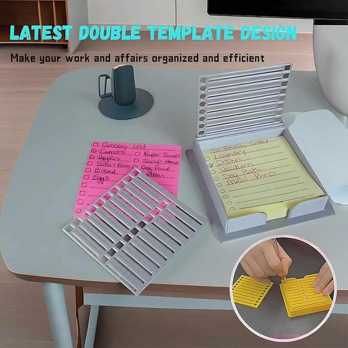 Sticky Note Stencil, Sticky Note Holder with Stencil 3x3 Sticky Note Line Stencil and Holder, Perfect for to-Do Lists, Home, Office, Sticky Notes Dispenser, Reusable Note Organizer (Grey)