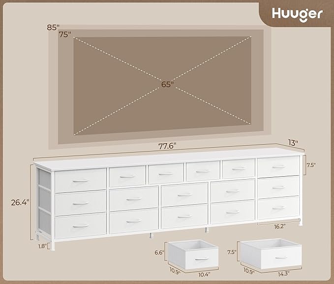 Huuger 77.6" Long Dresser for Bedroom, 16 Drawer Fabric Dresser for Closet, Wide Chest of Drawers with Storage, TV Stand for 65, 75, 85 Inch TV, 77.6" W x 12.9" D x 26.7" H, White