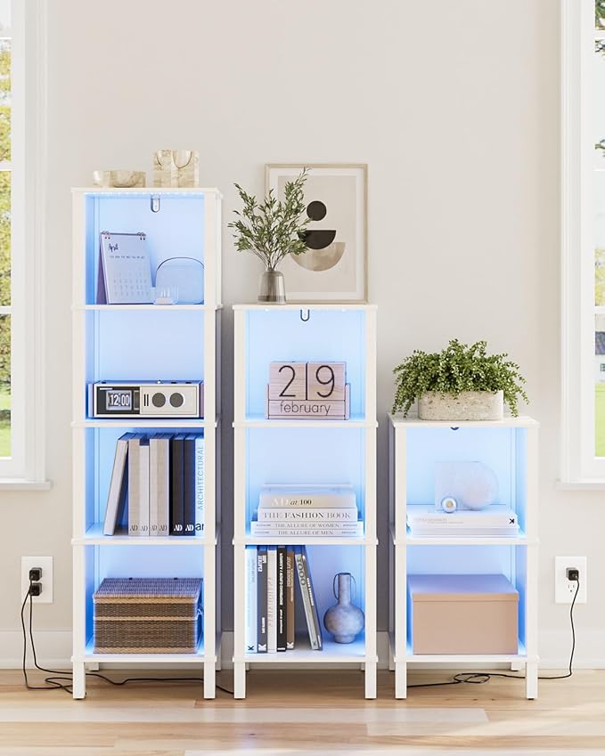 Bookshelf with LED Lights, Modern 4-Tier Bookcase, Open Storage Book Shelf, 11 × 14.2 × 50.4 Inches, Small Narrow Bookshelves for Living Room, Home Office, Bedroom, White