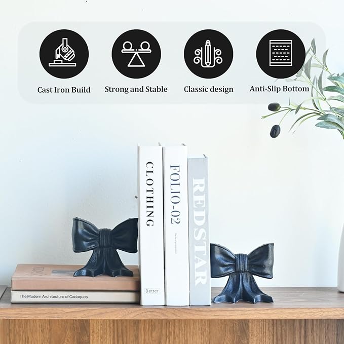 Metal Bookends Set of 2, Heavy Duty Book Ends for Heavy Books, Black Decorative Bookends for Shelves Desk Office Home Decor