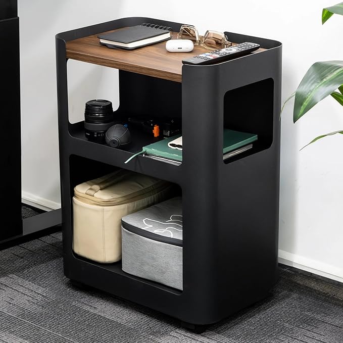 Desky Open Mobile Pedestal - Light Brown Frame/Acacia Top. Compact Office Drawer Cabinet on Wheels