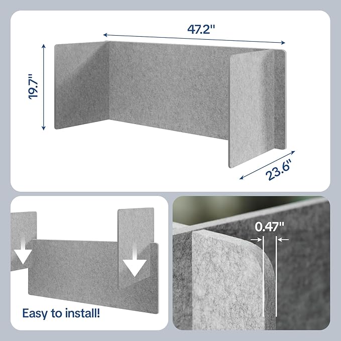 Desk Divider Privacy Screen 3 Panel Sound Absorbing - 47.2”x 23.6”x 19.7” Freestanding Acoustic Partitions for Office, Noise Reducing Panels for School, Home, Library,Sliver Grey