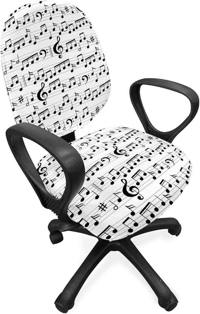 Ambesonne Music Office Chair Slipcover, Abstract Style Professional Pattern Notes and Clef Sheet Play Writing Print, Protective Stretch Decorative Fabric Cover, Standard Size, Black and White