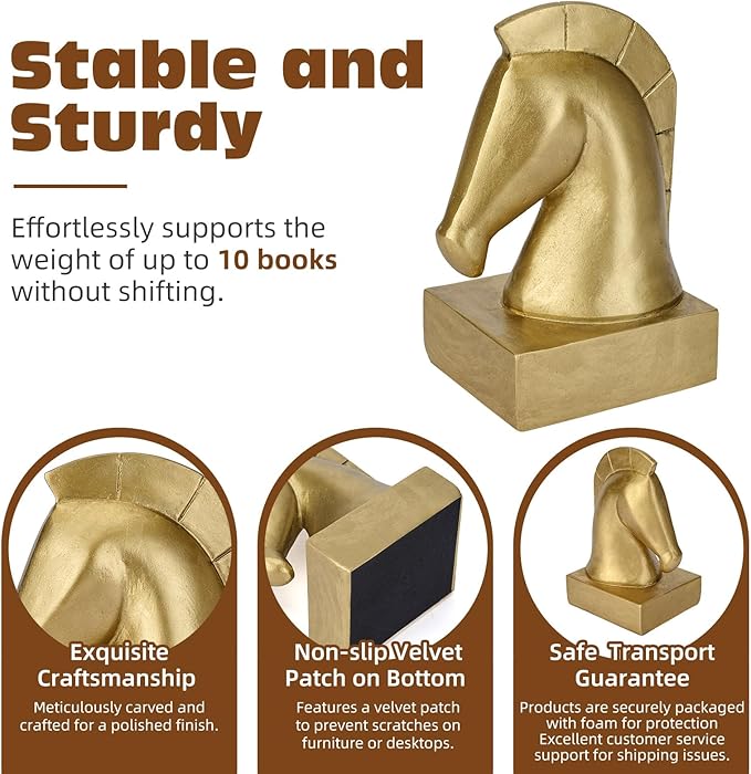 Gold Horse Head Decorative Bookends - Heavy Duty Non-Slip Book stoppers, Horse Statue Book Ends for Shelves, Modern Equestrian Ornaments for Home Farmhouse Shelves Office Lover Gift