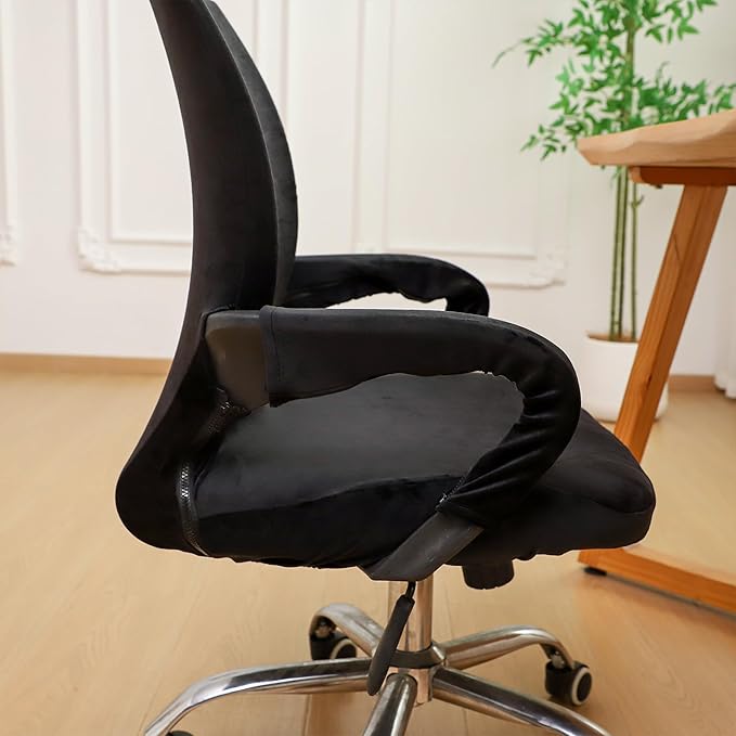 Velvet Office Chair Cover with Armrest Cover 18Inch Wide Stretch Black Small Desk Computer Chair Covers with Long Zipper Arm Slipcovers Washable