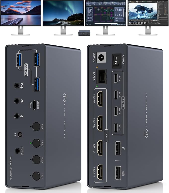 USB C KVM Switch 4 Computers 4 Montors Docking Station for M1 M2 M3 M4 with Displaylink Technology,4K60Hz HDMI KVM Multi-Monitor Extended/Mirrored Display Out for Windows Mac