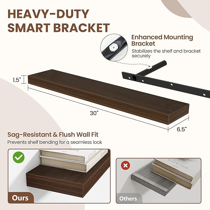 Acovy 30 Inch Floating Shelves for Wall 2 Pack, 30" Wall Shelves for Books, Storage, Decor, Wall Mounted Floating Shelf with Invisible Brackets for Kitchen, Living Room, Walnut