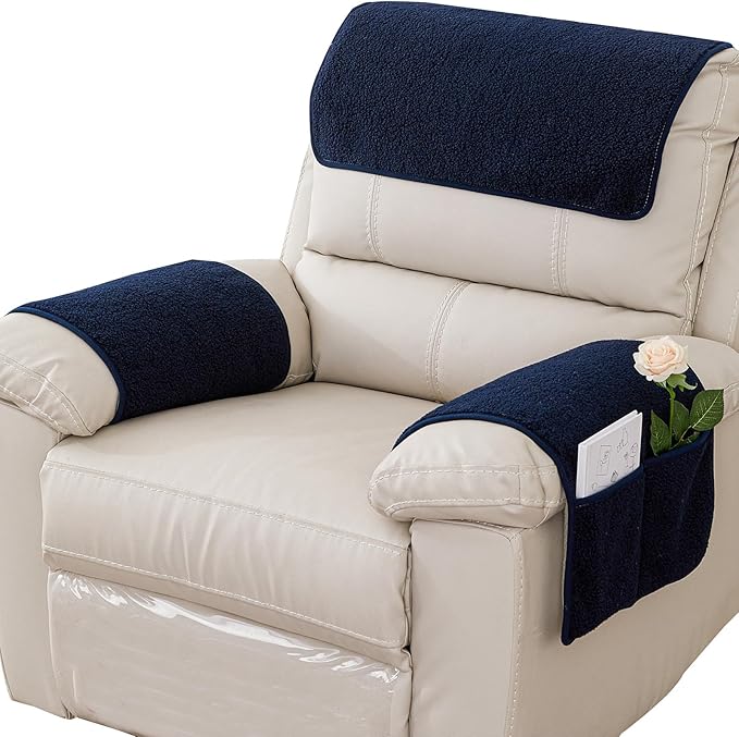 Armrest Cover, Recliner Chair Protector, Furniture Protector Slip, Side Storage Pocket, Stretch Armchair Couch Arm Rest Cover for Recliner, Chair, Sofa (Navy Blue,3 Seater(5pcs))