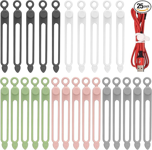 25 Pcs Silicone Cable Ties, Reusable Cable Straps Wire Organizer, Cable Management Cord Organizer for Fastening Earphone Phone Charger Home Office Desk Kitchen Appliances Cable Cords Wires