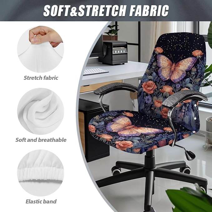 Talayituse Butterfly Rose Flower Print Office Chair Covers, Stretch Computer Chair Cover, Universal Boss Chair Covers Modern Simplism Style High Back Chair Slipcover, Small