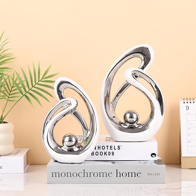 Abstract Ceramic Statue Set of 2, White and Silver Home Decor, Modern Art Living Room Decor, Room Accessories tv cabinets Bookshelves dividers Dining Table centerpieces, Foyer Entry Decor.