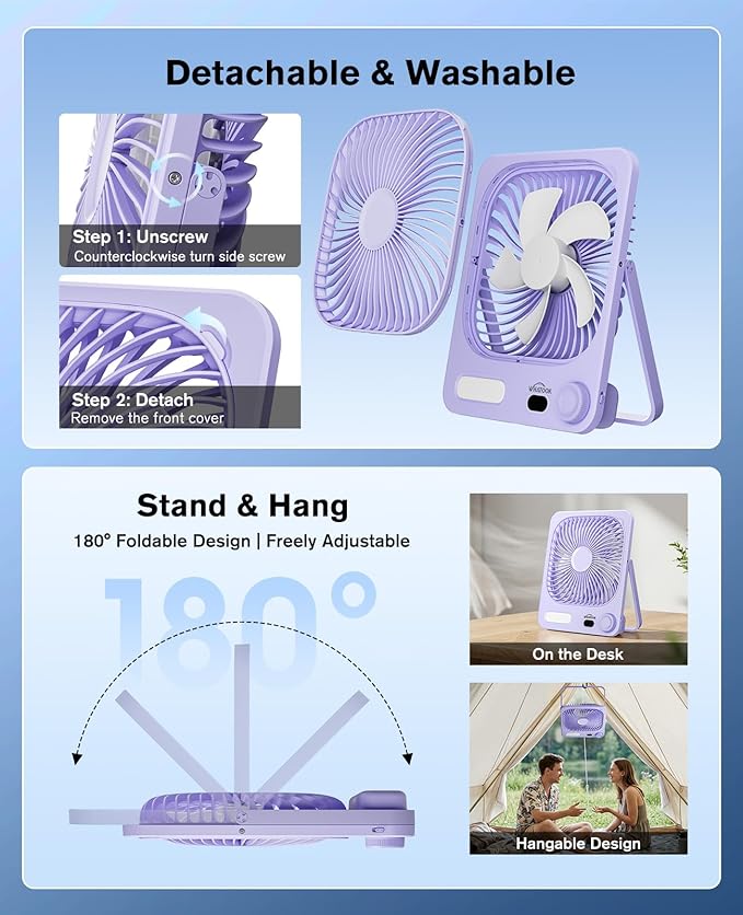 WHATOOK Small Desk Fan Rechargeable - 10000mAh Battery Operated Portable Fan with 100 Speeds & Night Light, Ultra Quiet Personal Desktop Fan for Bedroom, Office, Camping & RV Tent (Purple)