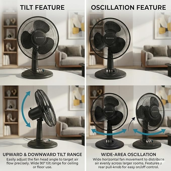 Comfort Zone 16-Inch Oscillating Table Fan – Large 3-Speed Quiet Desk Fan with Wide-Area Oscillation, Adjustable Tilt & Metal Safety Grill – Ideal for Home Office, Bedroom & Dorm
