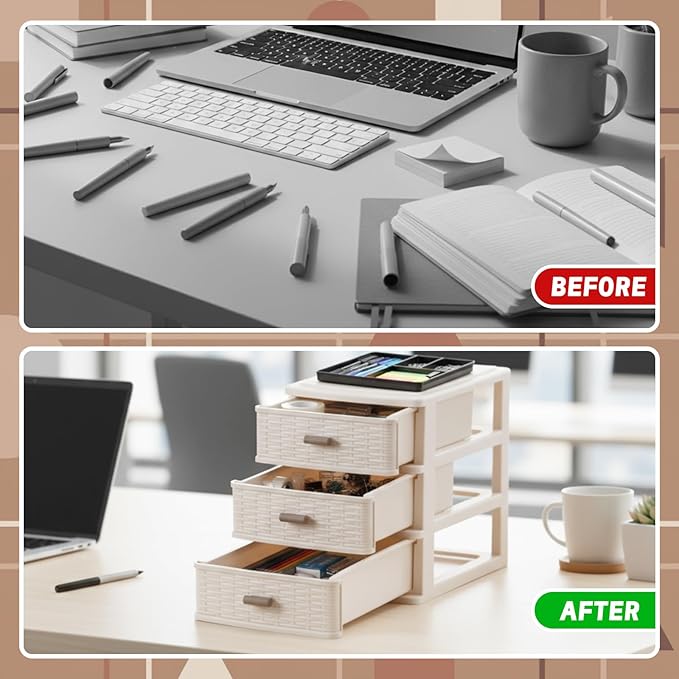 Small Storage Desk Wicker Weave Drawer 3 Drawers Plastic Storage Mini Plastic Weave Drawer Unit with Pull Handles Desk Organizer for Office Supplies Craft Countertop Makeup Bathroom(White)
