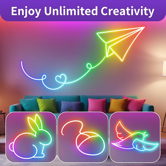 6.56FT/2M Smart IC USB Neon LED Strip Light, LED Light Strip with APP/Remote Control, Color Changing, Music Sync, Waterproof Flexible Lights Strip for Bedroom, TV Backlight, Ceiling Wall