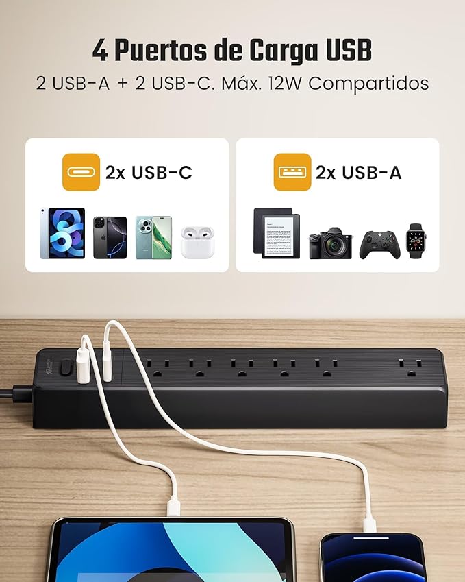 Power Strip USB Surge Protector, SUPERDANNY Mountable Extension Cord with USB 5 Outlets 3 USB Ports with Hook & Loop Fastener for iPhone iPad PC Home Office Travel (9.8ft, Black)