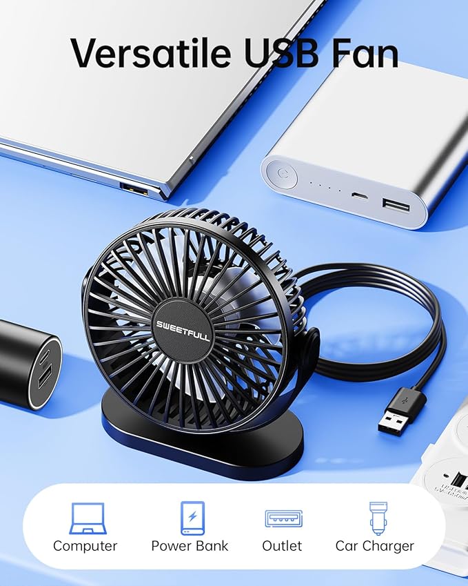 SWEETFULL USB Desk Fan Small Quiet - 3 Speeds Mini Personal Portable Fan 360° Rotation Adjustable, 5.5 Inch Office Table Cooling Gadgets on Desktop (Black)