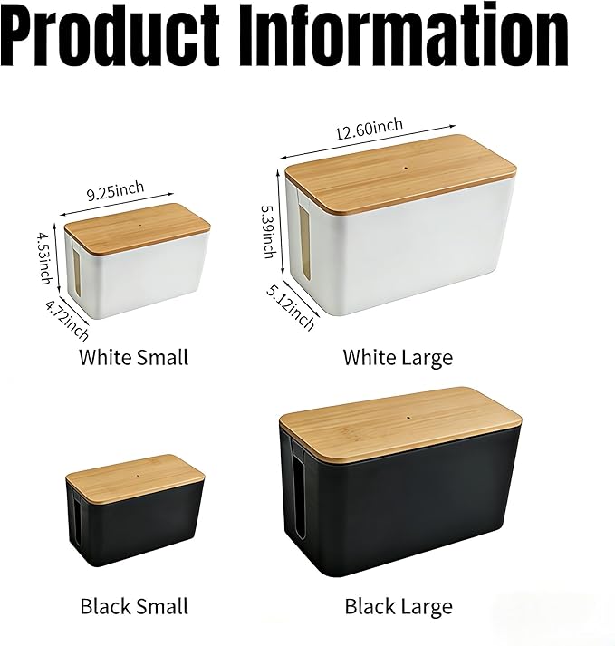 1Large+1Small Cable Organizer Set with 4 Silicone Cable Ties, 2-Piece Cable Management Box, Bamboo Lid Cord Organizer for Home Office,Set of Two Cable Box,Cable Organizer Box(Bamboo lid/White)
