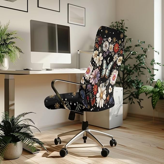 Talayituse Butterfly Daisy Moon Print Office Chair Cover Computer Chair Cover Thick Stretchable High Back Desk Chair Covers for Universal Large Boss Rotating Chair, L