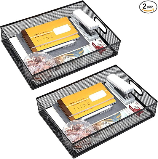 2Pcs Desk Drawer Organizer, Stable Metal Mesh Desk Storage Tray, Versatile Storage Box Set for Office Home Supplies,13 x 9 inches