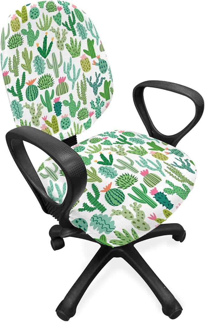 Ambesonne Cactus Office Chair Slipcover, Continuous Cacti Plants Mexican Theme Sketch Illustration on Plain Backdrop, Protective Stretch Decorative Fabric Cover, Standard Size, White Seafoam