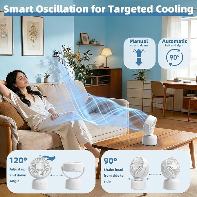 Small Oscillating Desk Fan USB Rechargeable 3 Speed Portable Mini Cooling Fan Quiet Personal Fan for Home Office Bedroom