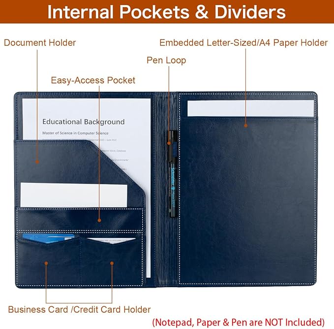Padfolio Portfolio Binder, Faux Leather Folder, Resume Interview Legal Document Organizer, Letter Sized Writing Pad w/Business Card Holder, A4 Professional Folio for Office Conference (Blue)