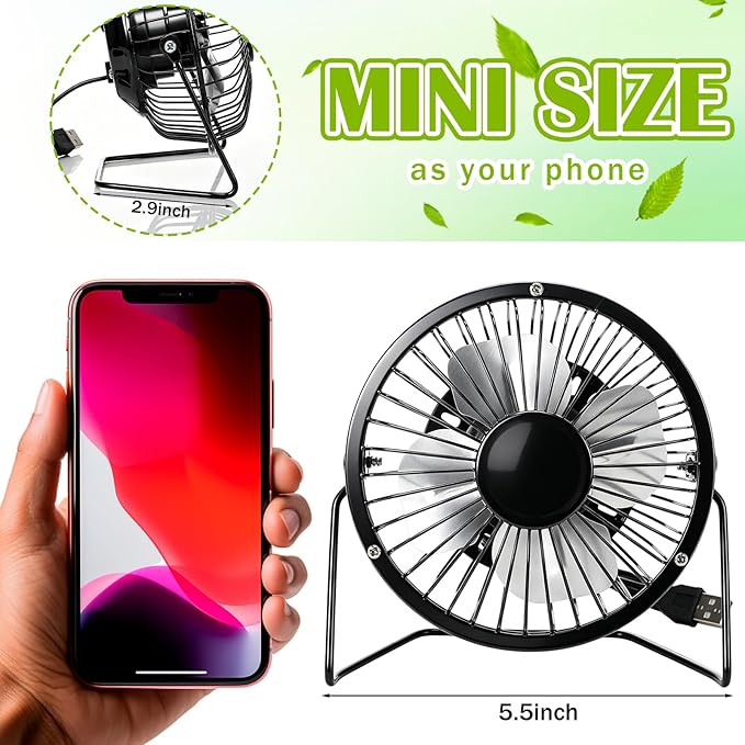 Glooglitter 8 Pcs 4" USB Small Fan Powerful Quiet 360° Adjustable Rotation Personal Metal Mini Desk Fan Summer Electric Ideal for Home Office Bedroom Desk Airflow Cooling, USB Powered Only(Black)