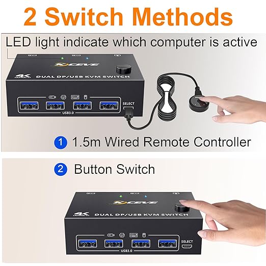 KCEVE KVM Switch 2 Monitors 2 Computers Displayport, USB 3.0 KVM Switch Dual Monitor for 2 Computer Share 4 USB 3.0 Devices, 4K@144Hz, Wired Remote(4K DP 2 in 2 Out KVM)