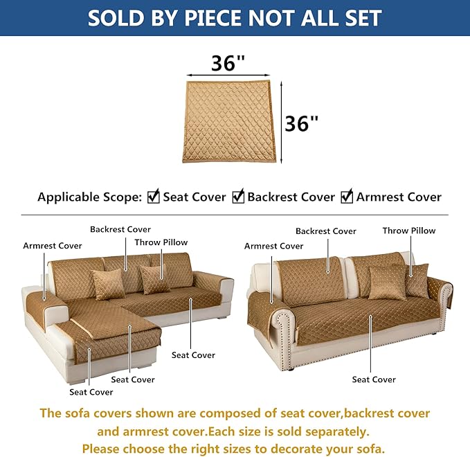 Eismodra Couch Cover,Sectional Couch Covers,Sofa Covers for 3 Cushion Couch,Anti-Slip Sofa Slipcovers for Dogs Cats Kids Loveseat Recliner L Shaped Armrest Backrest,Coffee 36''x36''(Only 1 Piece)