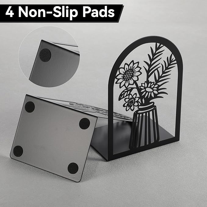5 Pair Metal Bookends, Modern Decorative Book Ends for Shelves Non-Slip Black Book Stopper for Heavy Books Flower Shelf Holder for Home Office