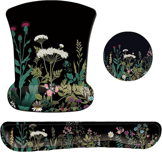 Keyboard Wrist Rest Pad Mouse Pad with Wrist Support Set of 3, Gaming Mousepad with Non-Slip Rubber Base, Ergonomic Memory Foam Mouse Cushion Support for Home Office Laptop Computer, Flowers Grass
