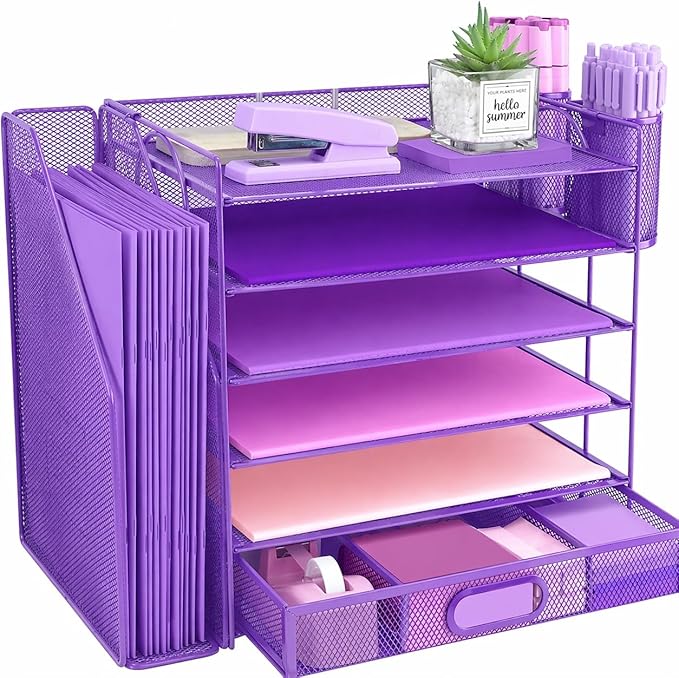 Desk Organizers and Accessories with File Holder, 6-Tier Paper Letter Tray Organiser with Drawer and 2 Pen Holder, Mesh Desktop Document Organizer for Office Supplies, Workspace - Purple