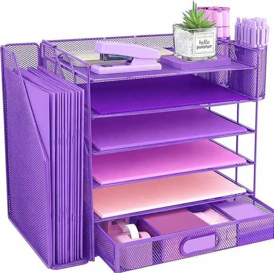 Desk Organizers and Accessories with File Holder, 6-Tier Paper Letter Tray Organiser with Drawer and 2 Pen Holder, Mesh Desktop Document Organizer for Office Supplies, Workspace - Purple
