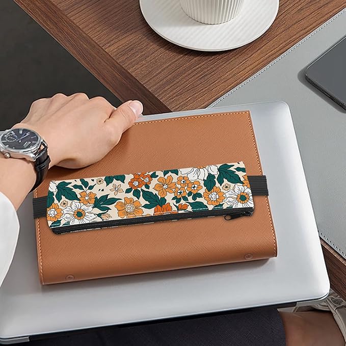 4 Pack Elastic Pen Holder for Notebook, Prints Pen Pouch with Elastic Band and Zipper, Leather Pen Holder for Planners, Journals, Book (Colorful Flowers)
