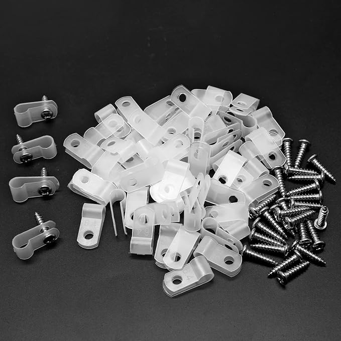 60pcs 3/8 Inch Nylon Cable Clamps, R-Type Wire Cable Clips with M4 Screws, Screw Mounting Cord Fastener Wire Conduit Clamp for Wire Management (White)
