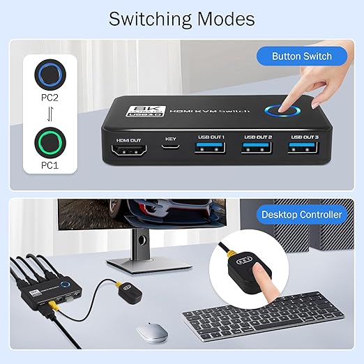 USB 3.0 KVM Switch 1 Monitor 2 Computers - 4K@120Hz 8K@60Hz HDMI 2.1 KVM Switches with 3 Ports for Sharing Monitor Keyboard Mouse Hard Drives and Printer Includes 2 HDMI & USB Cables and Controller