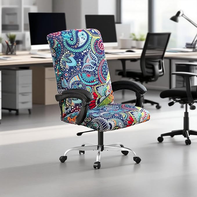 Office Chair Cover,Removable Desk Chair Cover with Zipper,Stretch Anti-dust Universal Rotating Office Seat Slipcover,Washable High Back Computer Seat Protector for Pets (Blue, Large | Armrests)