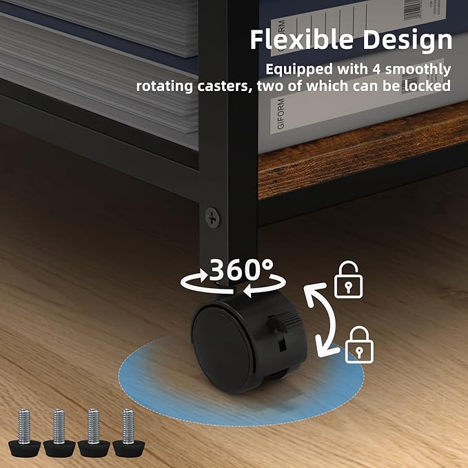 Lerliuo Printer Stand with Charging Station and USB Ports, Large 3-Tier Mobile Printer Table with Storage Shelf, Brown Rolling Industrial Printer Cart with Lockable Wheels for Home Office
