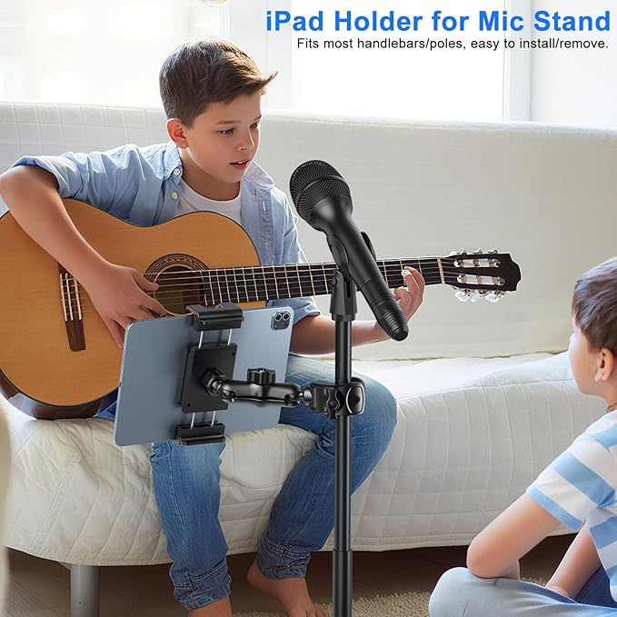 PLDHPRO Tablet Holder for Mic Stand 360° Swivel iPad Music Stand Mount for Microphone with Clamp, Musicians Stage Portable Stands Guitar Tripod Accessories Compatible 5.1-15.6'' Devices