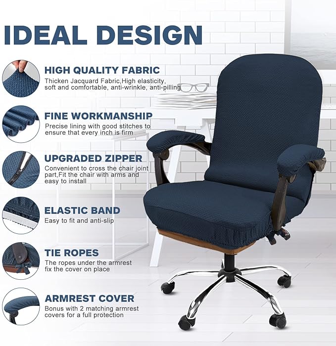 NeColorLife Stretchable Office Chair Cover with Armrest Covers - Thick Checked Jacquard High Back Desk Chair Slipcover for Rotating Chairs (Large Size,Navy Blue)